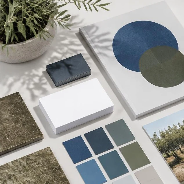 Composition conceptuelle : palette, cartes et supports de marque