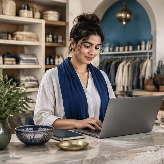 Illustration éditoriale : entrepreneuse utilisant un ordinateur dans son commerce