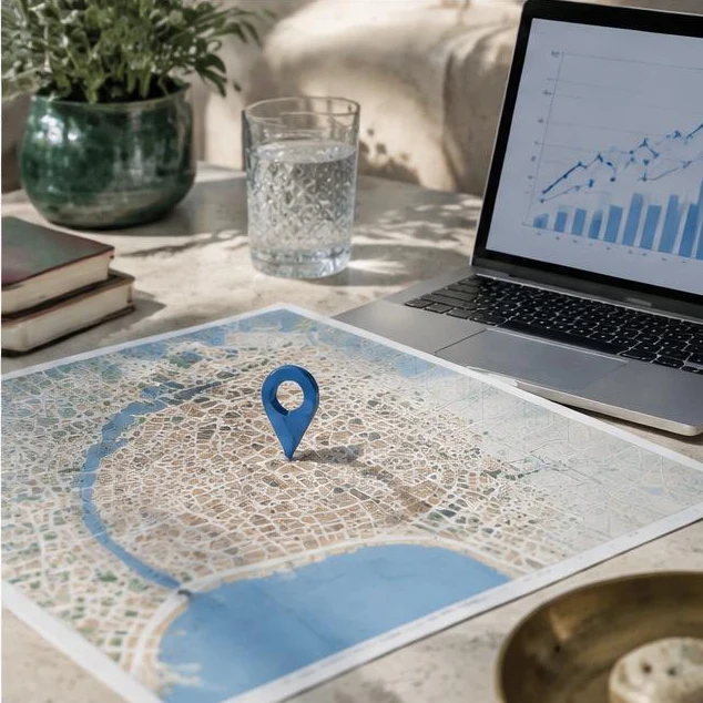 Illustration éditoriale : carte locale et analyse de visibilité